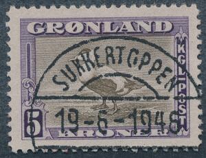 1945. 5 kr. brunviolet. PRAGT-stemplet. Sjældent på denne udgave