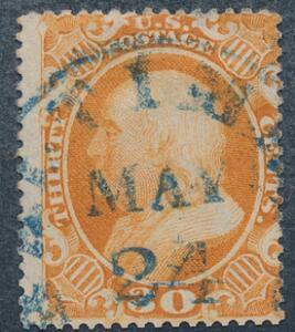 USA. 1857. Franklin. 30 c. orange. Tk.15. PRAGT-mærke med perfekt takning, og retvendt BLÅT stempel.