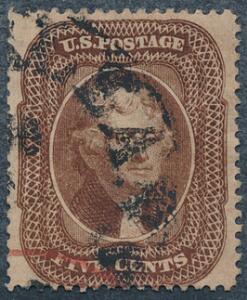 USA. 1857. Jefferson. 5 c. brun. Tk.15. Fint stemplet eksemplar, annulleret med bystempel. Michel EURO 280