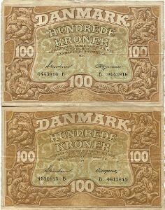 100 kr 1938 B, Svendsen  Heegaard, 1941 B, Svendsen  Neergaard, Sieg 111, DOP 126, Pick 33, i alt 2 stk.