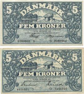 5 kr 1933 B, V. Lange  Heegaard, 5 kr 1936 D, Svendsen  Lund, Sieg 101