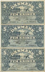 5 kr 1933 B, 1935 C, 1936 D, Sieg 101, i alt 3 stk.