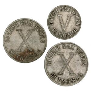 Dansk Vestindien, Privatmønter, Russel, Bros, 5 cents 1888, 10 cents 1888 2 stk., Sieg 46, 48, i alt 3 stk.