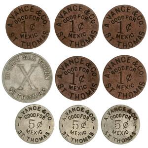 Dansk Vestindien, Privatmønter, Russel, Bros, 10 cents 1888, A. Vance  Co, 1 cent u. år 5 stk., 5 cents u. år 3 stk., Sieg 46, 48, 61, 62, i alt 9 stk.