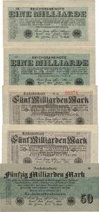 Tyskland, 1 milliard mark 1923, Pick 122 2 stk., 5 milliarden mark 1923, Pick 123 2 stk., 50 milliarden mark 1923, Pick 125, i alt 5 stk.