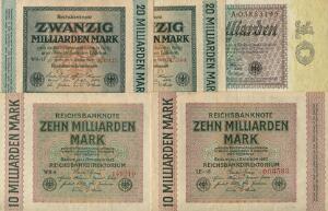 Tyskland, 10 milliarder mark 1923, Pick 116, 10 milliarder mark 1923, Pick 117 2 stk., 20 milliarder mark 1923, Pick 118 2 stk., i alt 5 stk. pæne