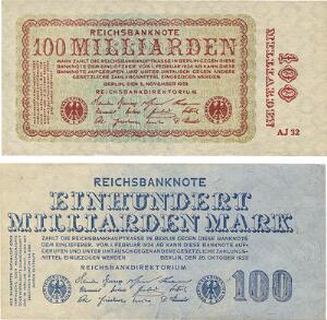Tyskland, 100 milliarden mark 1923, Pick 126, 100 milliarden mark 1923, Pick 133, i alt 2 stk.