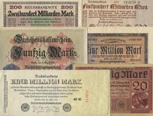 Tyskland, 50 mark 1914, Pick 49, 20 mark 1918, Pick 57, 1 million mark 1923, Pick 93, 1 million mark 1923, Pick 94, 200 milliarden mark 1923, Pick 121 etc.