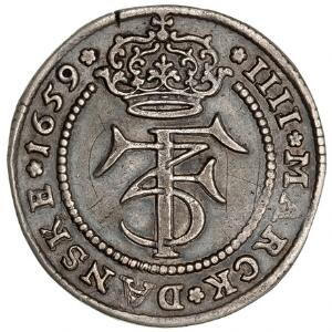 Frederik III, 4 mark  krone 1659, H 95A, Aagaard 72.2, små ridser ved monogram