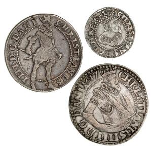 Christian IV, krone 1625, H 127, mark 1617, H 99C, Glückstadt, 3 skilling lybsk 1645, H 176B, i alt 3 stk.