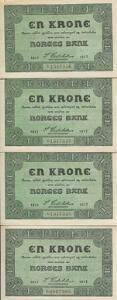 Norge, 1 kr 1917 C, NS 1, 4 stk. i ucirkuleret kvalitet