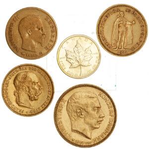 Danmark, Canada, Frankrig, Ungarn, Østrig, 5 guldmønter, 19. - 20. århundrede