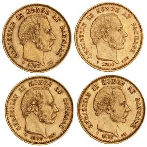 10 kr 1877, 1890, 1898, 1900, H 9A, 9B, F 296, i alt 4 stk.