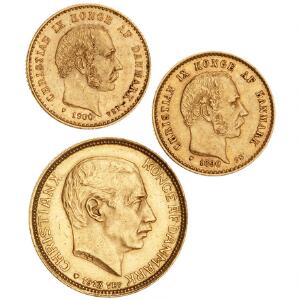10 kr 1890, 1900, Chr. X, 20 kr 1913, H 8A, 8B, H 1A, F 296, 299, i alt 3 stk.