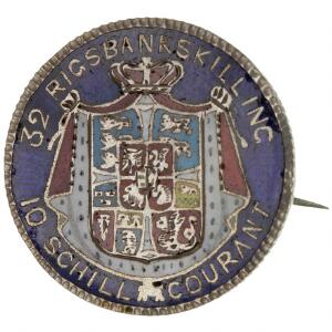 Christian VIII, 32 rigsbankskilling 1842, H 5, smukt emailleret og omdannet til broche med nål