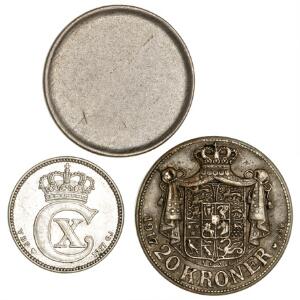 Christian X, 25 øre 1917, H 10A, ensidigt afslag af 20 kr. 1917, forniklet kobber, blanket til 25 øre 1948 - 1972, ialt 3 stk.
