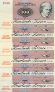 100 kr 1985 - 1988, Sieg 142, alle ucirkulerede og med forskellige seriebogstaver og underskrifter, ialt 6 stk.