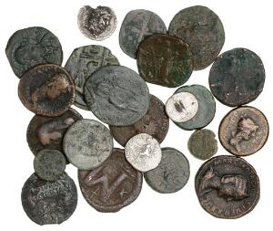Romerske kejserdømme og Byzans, 18 kobber- og 4 sølvmønter inkl. subærat denar fra Nero
