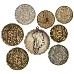 Grønland, 7 officielle mønter 1926 samt Greenex-medaille i sterlingsølv. 8