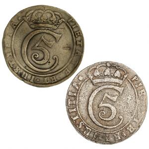 Christian V, krone  4 mark 1681, H 67B, avers med ls, korroderet, krone  4 mark 1681, H 67B, nyere støbt kopi, ialt 2 stk.