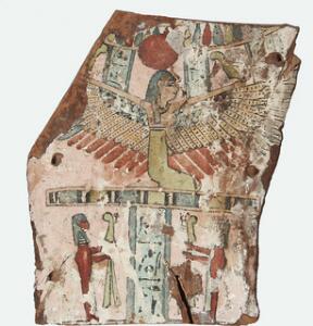 Fragment af en antropoid mumiekiste. Træ med stuk og bemaling. 26. - 30. dynasti. 664-342 f.Kr. 50 x 40 cm.