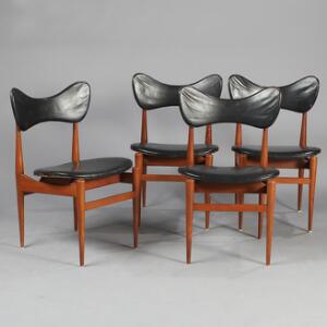 Inge  Luciano Rubino Sommerfuglestolen. Et sæt på fire stole af teak, sæde og ryg med sort skind. Udført hos Sorø Møbelfabrik. 4