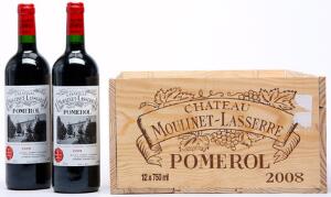 12 bts. Château Moulinet-Lasserre, Pomerol 2008 A hfin. Owc.