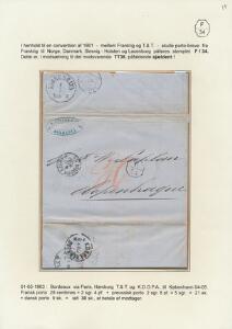 1863. Brev fra Bordeaux 1.5.1863, via Paris og Hamburg til København. Sjældent ottekant-stempel F34. Monteret på udstillingsplanche med fuld beskrivelse