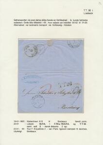 1865. Brev fra København 19.1.65 til Bordeaux. Sort liniestempel TT36 og påstemplet 9 i Paris. Flot brev. Opsat med analyse på udstillingsplanche