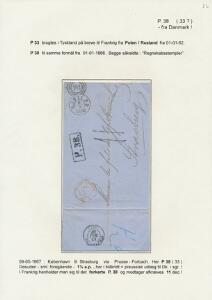 1867. Brev fra København til Strasburg. Rammestempel P.38. og i blåkridt 1 12 a.P. Monteret på udstillingsplanche