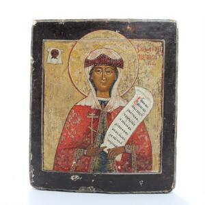 Russisk ikon forestillende Den hellige Paraskeva. Tempera på træ, med kovtjek. 19. årh. 31 x 27.