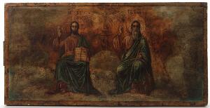Russisk ikon forestillende Den nytestamentelige treenighed. 18. årh. 24 x  48 cm.