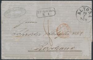 1861. Brev fra ALTONA 10.7.1861 til Bordeaux. Ottekantstempel DANEMARK R.1. og påtegnet 8 decimes i blæk. Flot kvalitet. DAKA 1500