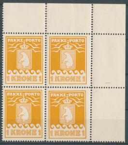 1937. Schultz. 1 kr. orange. Postfrisk øvre MARGINAL 4-BLOK. AFA 1520