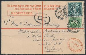 Australien. New South Wales. 1897. 5 d. mørkegrøn og 3 d. lysegrøn. God og dekorativ frankering på anbefalet brev, sendt til England.