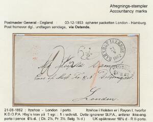 1862. Brev kuvert fra Itzehoe via Hamburg til London. Antiqua III BAHNHOF ITZEHOE 218 1862 og ovalt HAMBURG 218 62 på forsiden