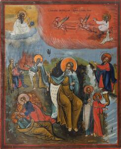 Stor russisk kirkeikon forestillende Elias Himmelfart, i nederst i hjørne hjælpe Elias af en engel under sit ophold i ørkenen. 19. årh.