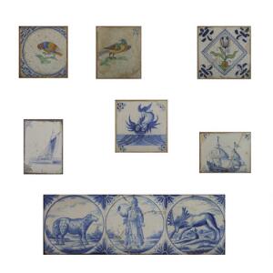 Fugle, blomst, fabeldyr, skibe m.m. Ni hollandske fliser af fajance dekorerede i polykrome farver og blå. 17.-18. årh. 9