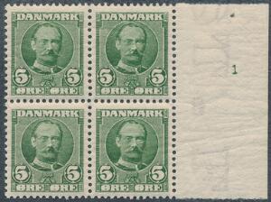 1907. Fr. VIII, 5 øre, grøn. Postfrisk fireblok med pladenummer 1 i marginalen