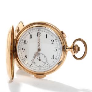 Repetition Chronographe. Dobbeltkapslet lommeur af 14 kt. guld. Værk med timeslag og stopur. Vægt 112,8 gr. Ca. 1910. Diam. 6.