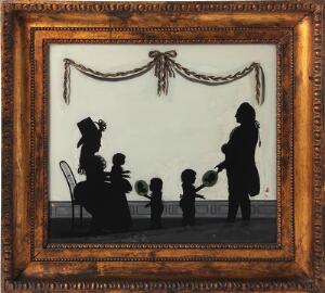 Ubekendt maler Hinterglas silhuet maleri forestillende personer i rokokodragter. Monteret i Empere ramme. 1819. årh. 33 x 38 cm.