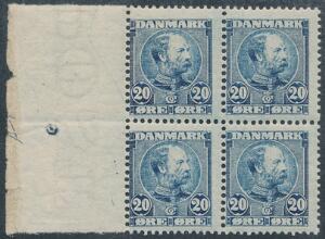1904. Chr. IX, 20 øre blå. Postfrisk fireblok med med pladenummer I i marginalen