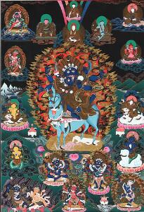 Sonam lama Tibetansk thanga i farver, dedikeret til karmapas linje, forestillende Mahakala og Palden lhamo i foreningsaspekt. 20. årh. Billede 79 x 54,5 cm.