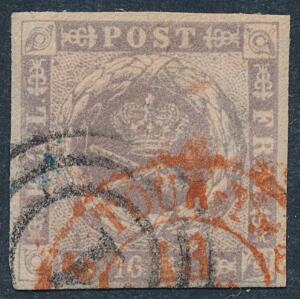 1854. 16 sk. gråviolet. Sjældent mærke med RØDT FRANSK stempel.