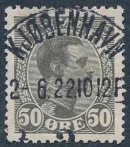 1921. Chr. X, 50 øre olivgrå. PRAGT-mærke med retvendt stempel KJØBENHAVN 2.6.22.