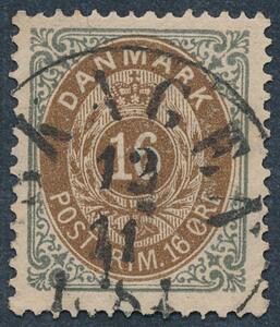 1875. 16 øre, gråbrun. Tk.14. PRAGT-mærke, annulleret med retvendt antiqua-stempel SKAGEN 12.11.1884.