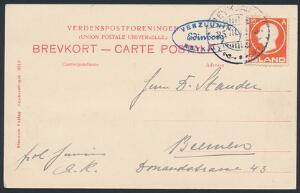 1912. Fr.VIII, 10 aur, rød. Brevkort fra Reykjavik til Bremen. Blåt ovalstempel VERZLUNIN EDINBORG - REYKJAVIK