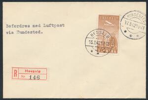 1934. Luftpost 1 kr. brun. Single på lille luftpostbrev fra HESSELØ