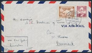 1938. Chr.X, 5 øre, vinrød og Isbjørn, 1 kr. gulbrun. Censureret luftpostbrev fra RITENBENK 24.3.41 til Danmark