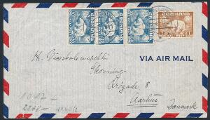 1938. Isbjørn, 30 øre, bæå 3 stk. samt 1 kr. gulbrun. I alt 190 øre på censureret luftpostbrev fra EGEDESMINDE 28.6.41 til Aarhus. Sjælden takst